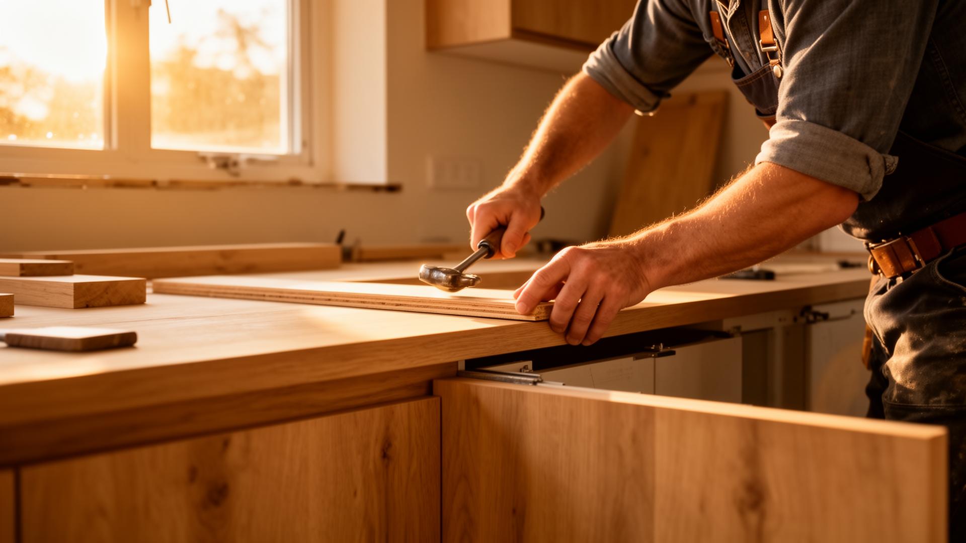 Master craftsman fitting an oak kitchen